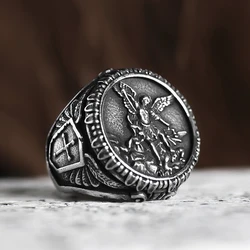 316L Stainless Steel St-Michael Men Rings Good Talisman Religious Personality Biker Ring for Men Boy Fashion Jewelry Gift