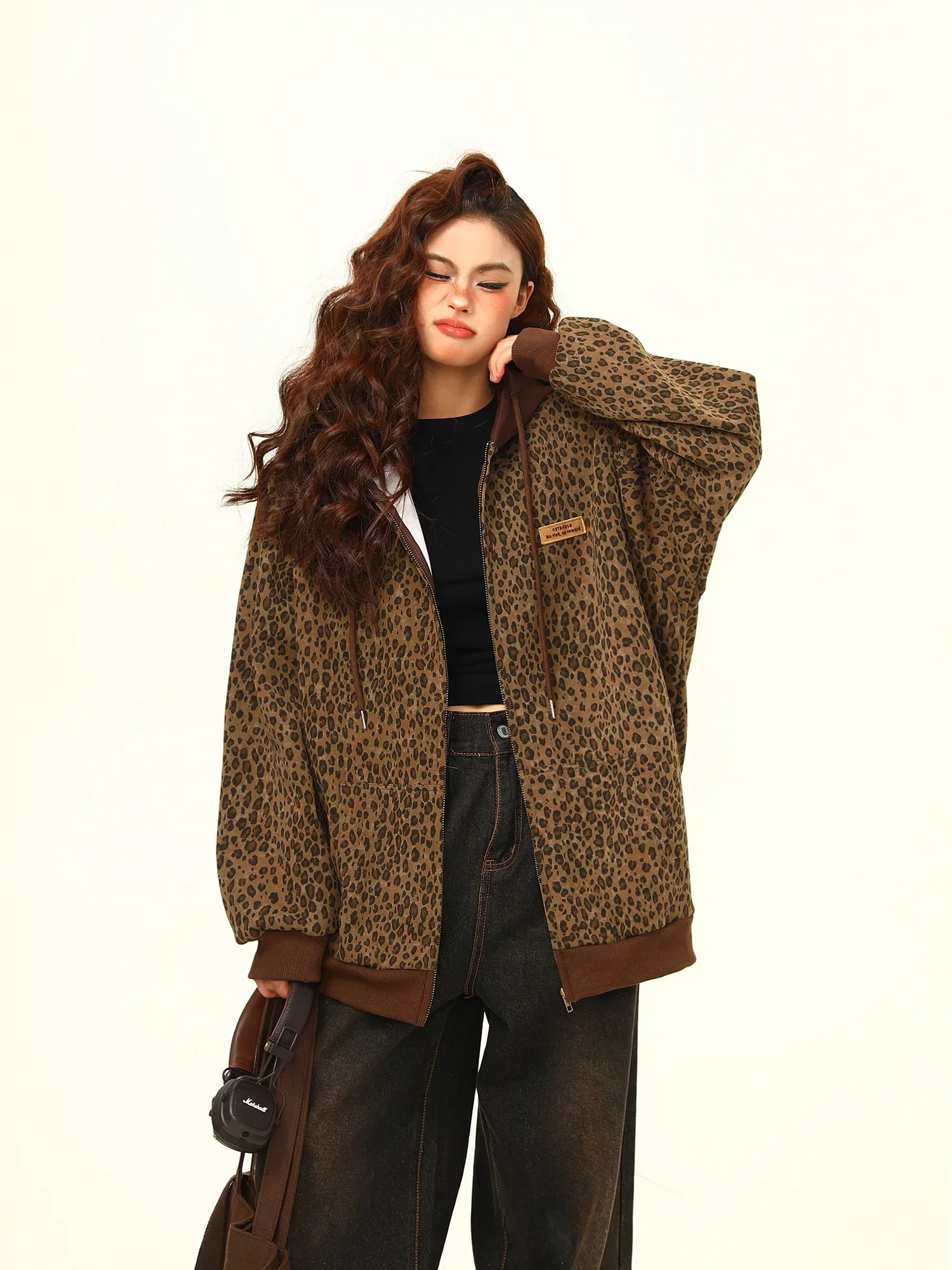 Leopard Print Hooded Jacket for Women 2024 Autumn Winter Zipper Maillard Style Brown Loose Street Sweatershirt Outerwear YSAZ006