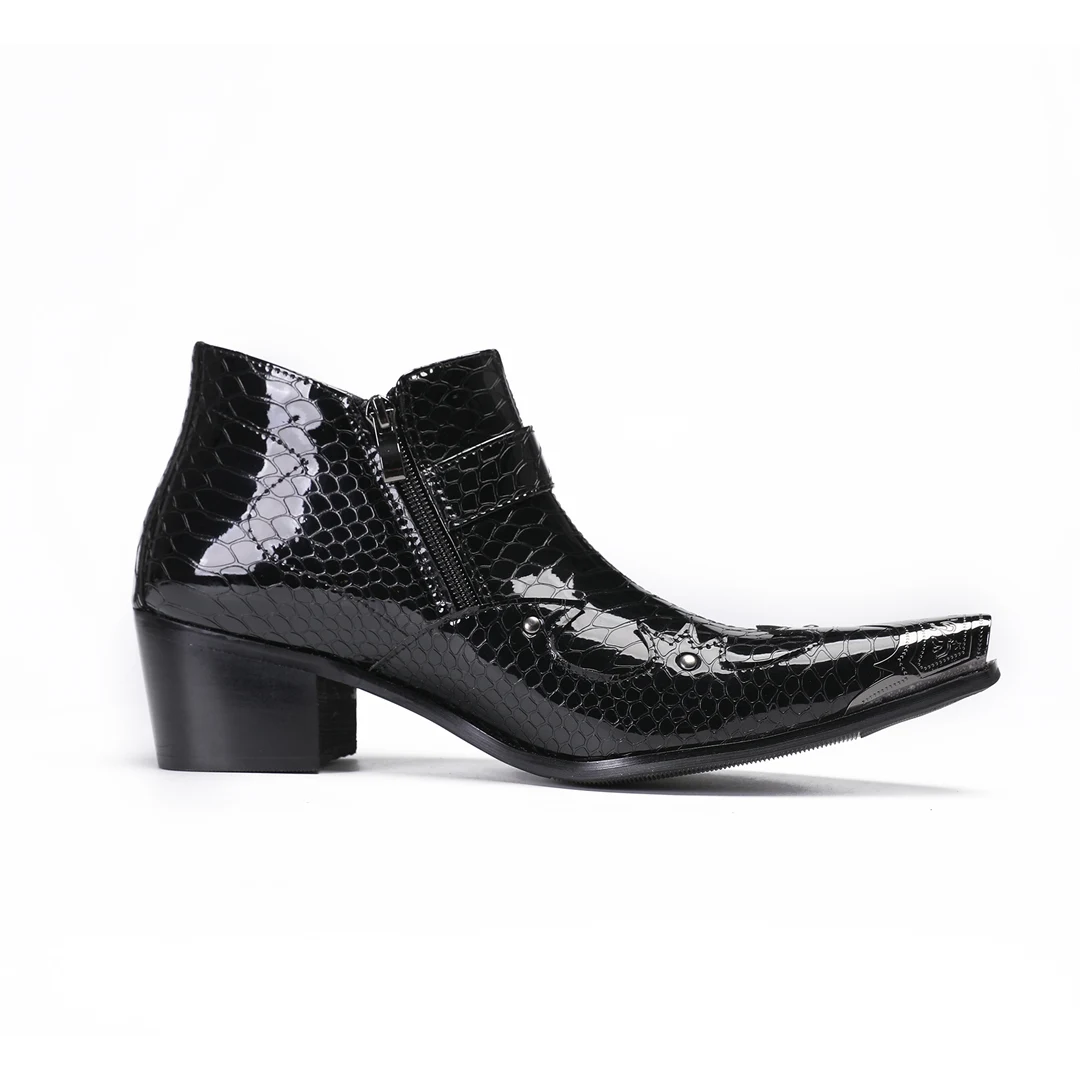 New Style Black Genuine Leather Men Formal Dress Ankle Boots High Heels Zipper Snake Skin Pointed Toe Man Stage Boots