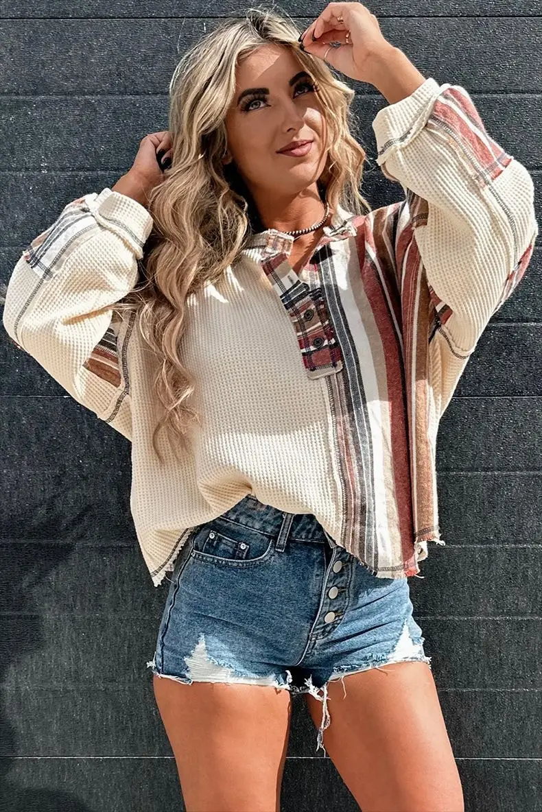 

Casual Waffle Pullover For Women Autumn Fashion Loose Button Contrast Color Spliced Long Sleeved Sweatshirt New Trendy Clothing