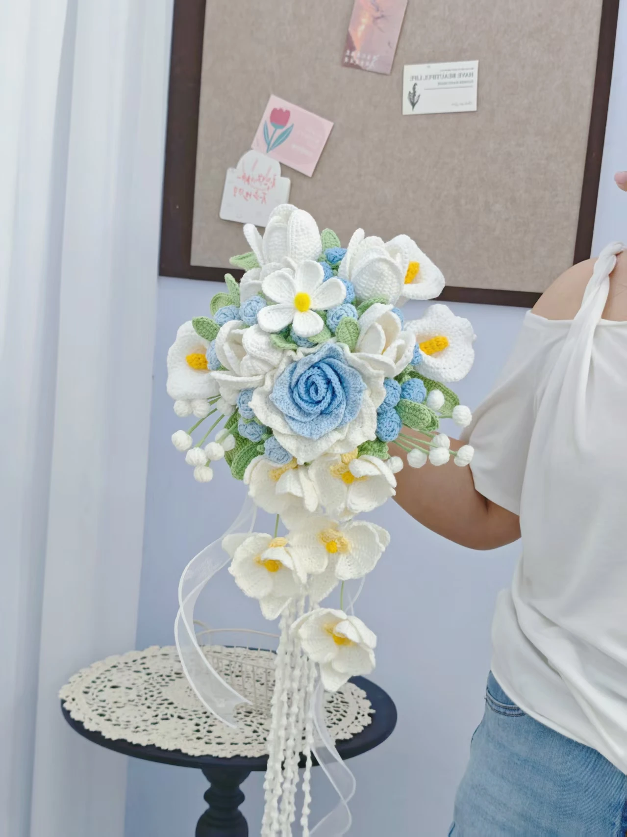 手編みの手持ちバラの花束diy素材キット、ウール、ガールフレンド、親友への結婚祝い、クラフトキットアクセサリー