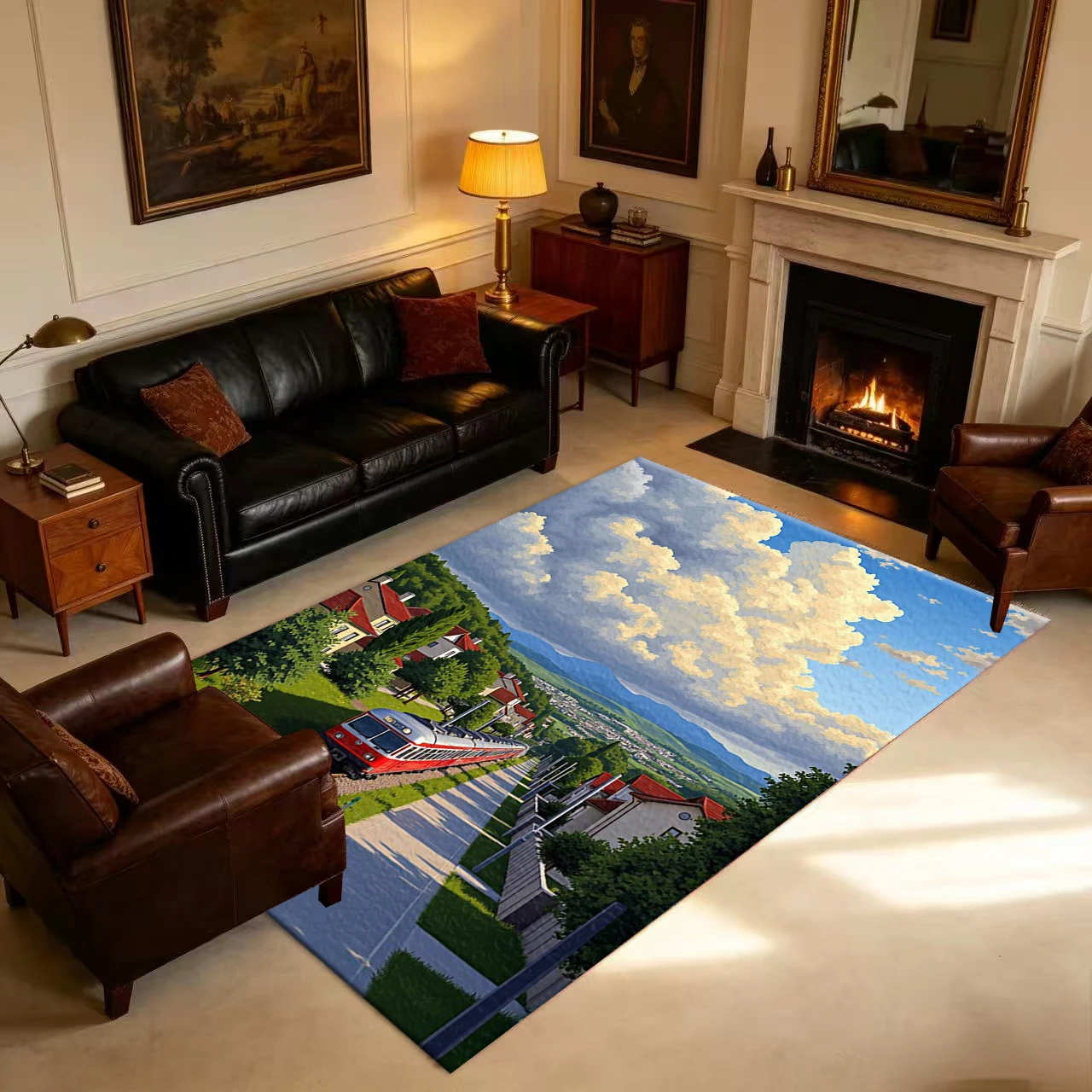 Anime-Style Red and White Train Rural Town Sunshine Clouds Sky Scenery Carpet Floor Non-Slip Mat