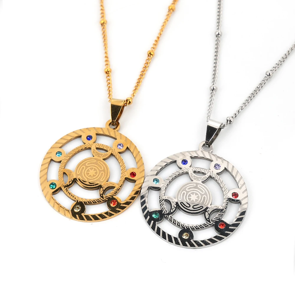 Wicca Triple Moon Goddness Hekate Wheel Rhinestones 7 Chakras Stainless Steel Pendant Necklace Strophalos Hecate Symbol Jewelry