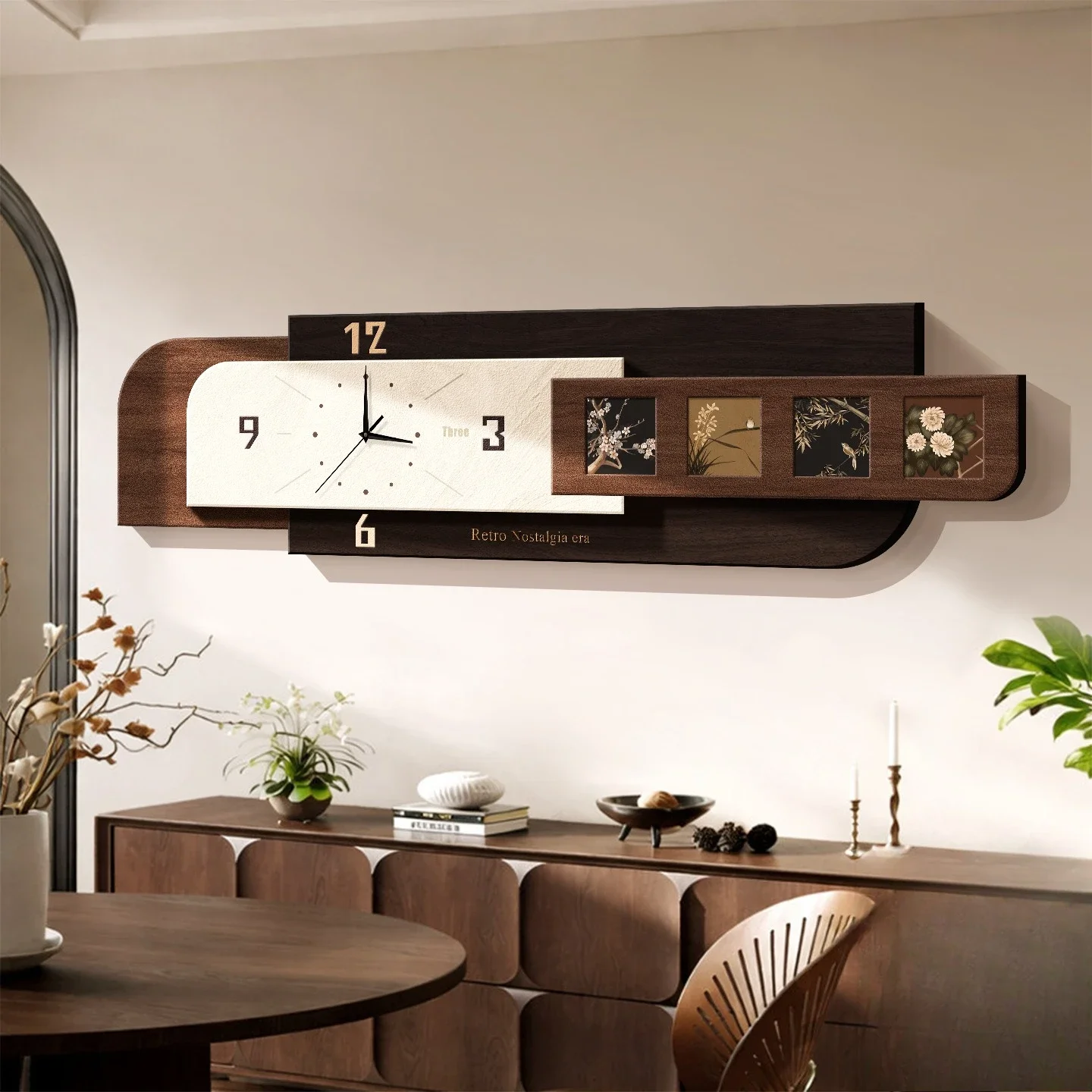 Dining room clock decoration mural French medieval style living room hanging painting, dining table wall horizontal clock