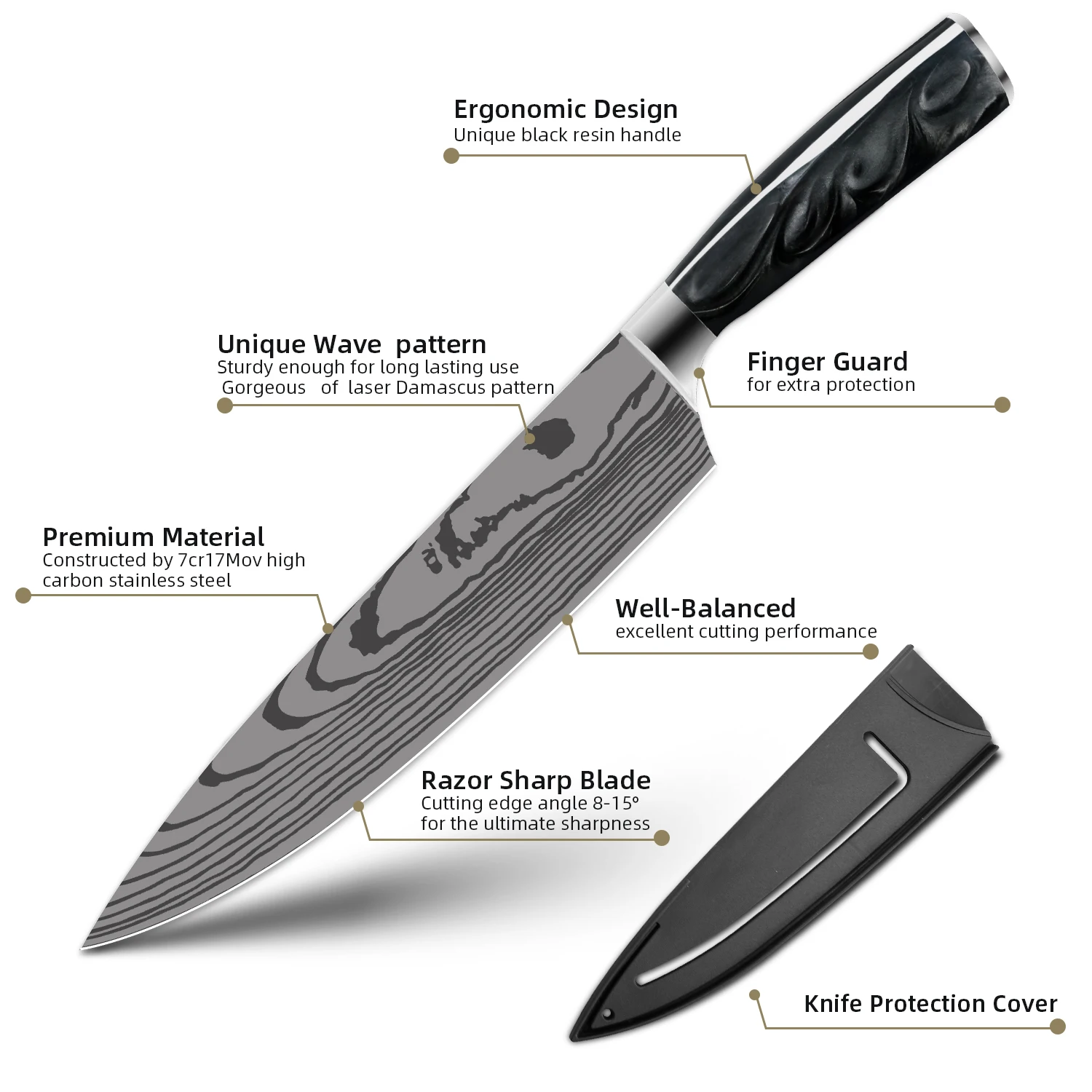 Kitchen Knives Set Laser Damascus Pattern 7CR17 Stainless Steel Black Resin Handle Chef knife Japanese Santoku Pro Boning Knife