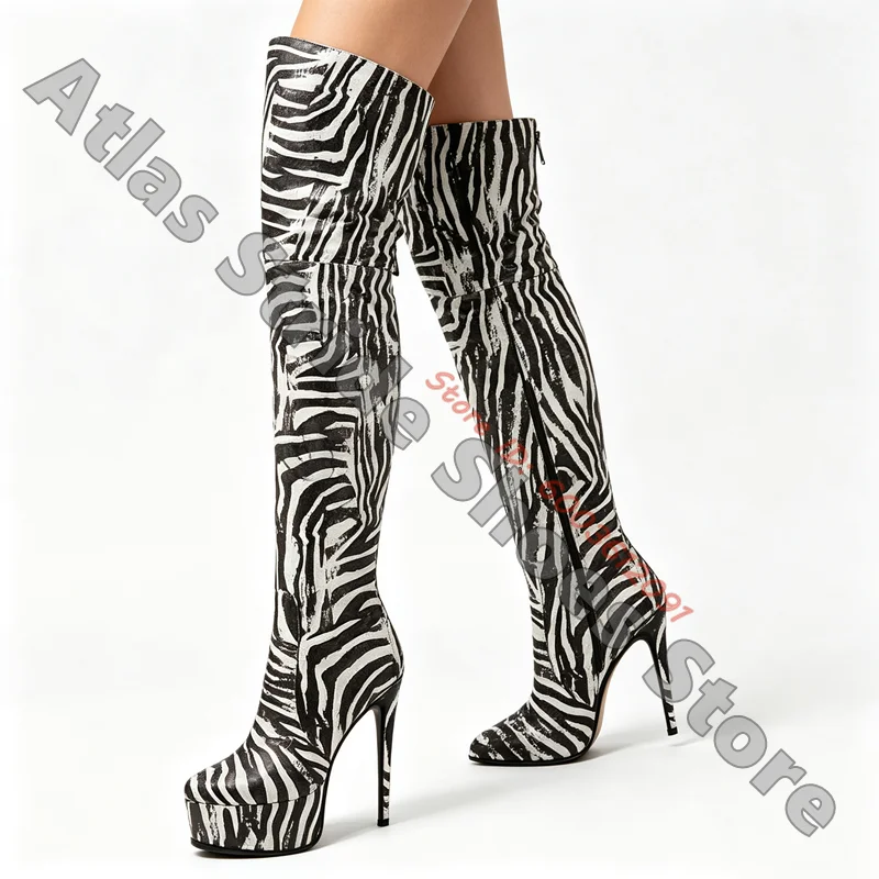 Vintage Zebra Print Platform Thigh High Boots Pointed Toe Stiletto Over The Knee Heeled Boots Women Club Fashion Animal Boots