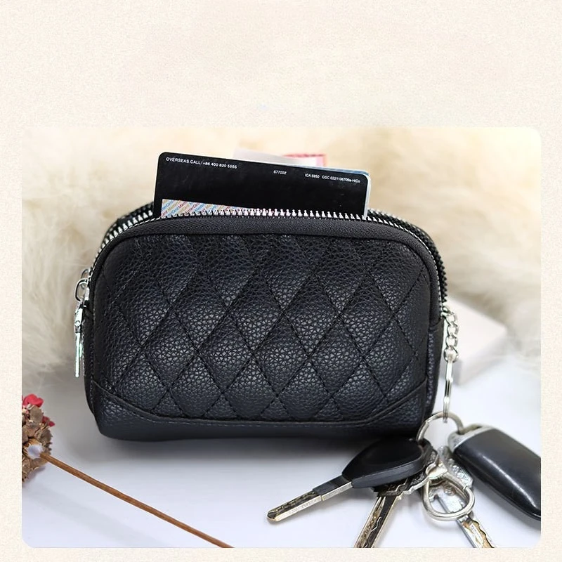 Multifunctional Keychain Wallet for Women Large Capacity Quilted Coin Purse with Double Zipper Mini Card Holder Business Pouch