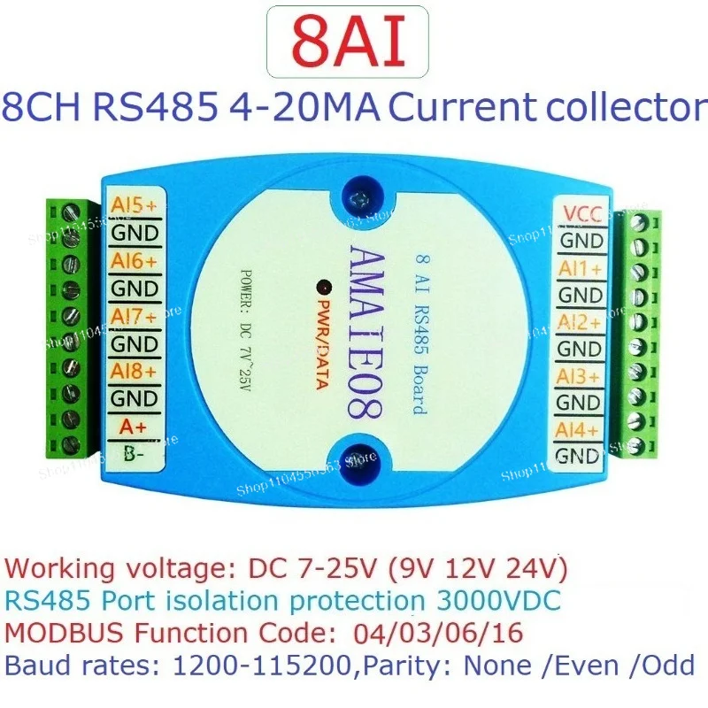 DC 12V-24V 8AI 8VI 4-20MA /0-10V To RS485 Current/Voltage ADC Collector Read Capture Module MODBUS RTU PLC Board