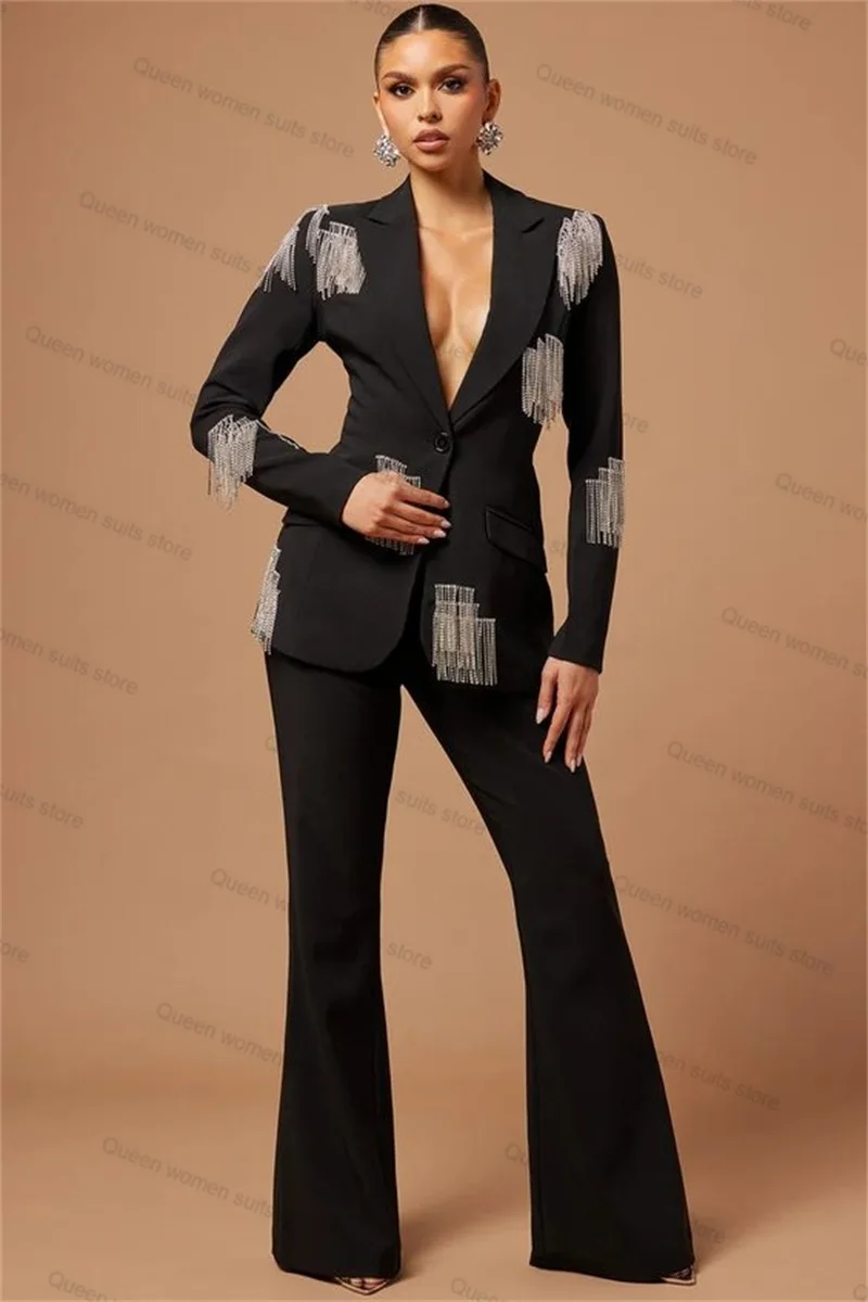 Crystal Beading Women Suit Pants Set 2 Piece Blazer+Trousers Formal Office Lady Jacket Coat Black Outfit Custom Made Prom Dress