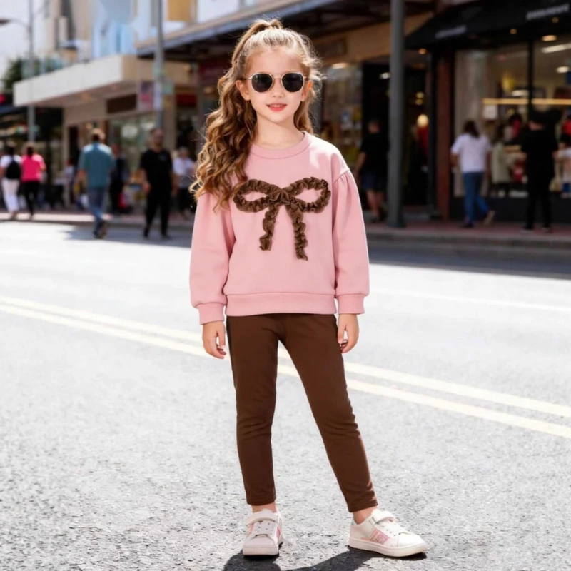 

2026 New Spring Hot Selling Round Neck Pink Cute Bow Sweatshirt and Solid Color Leggings Two-piece Set