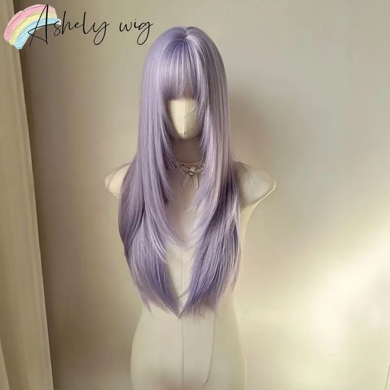 Lavender Layered Wig with Bangs 26inch Long Straight Hair Wig for Women Lolita Cute Cosplay Wigs High Quality Synthetic Wigs image 3