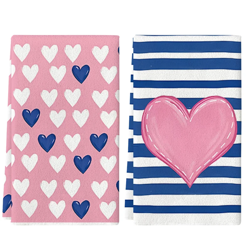 2Pcs, Pink Heart Blues Color-Block Heart Stripe Kitchen Tow…