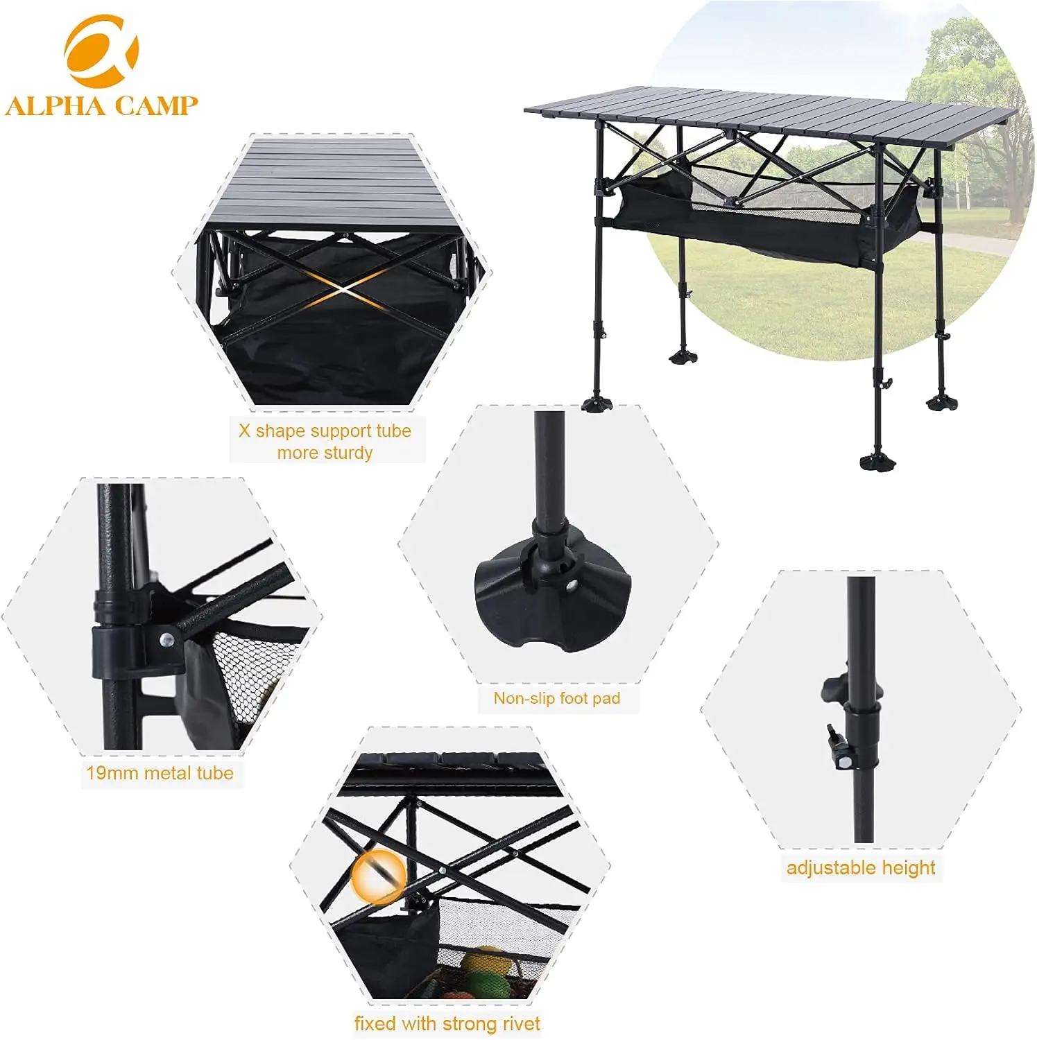 Camping Table Outdoor Portable Table with Storage Adjustable Aluminum Table for Grill Travel Outdoor Picnic,Beach,BBQ,Back