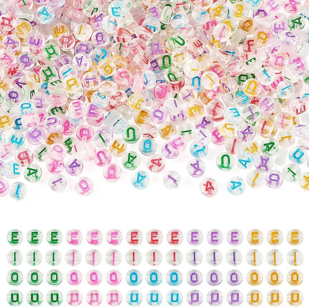 300Pcs 7mm Transparent Clear Acrylic Letter Beads Bulk Plastic Colorful Flat Round Vowel Beads