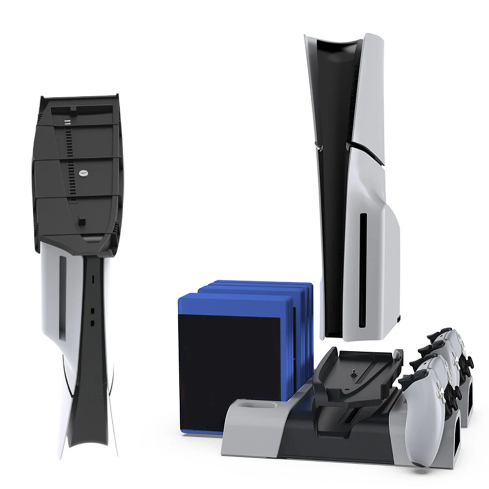 حامل تبريد عمودي لوحدة التحكم PS5 Pro/PS5 Slim/PS5 شاحن وحدة التحكم السريعة مروحة التبريد وحامل شحن منظم قرص الألعاب