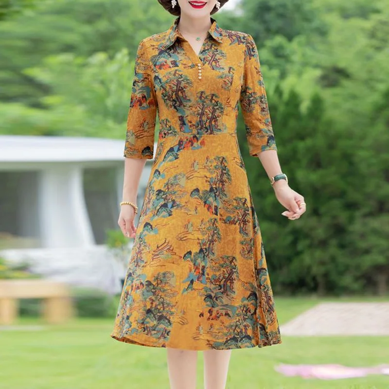 2023 New Spring and Summer Fashionable Noble Wide Wife Lapel Print Mid Sleeve Knee Over Fashion Fragmented Flower Dress