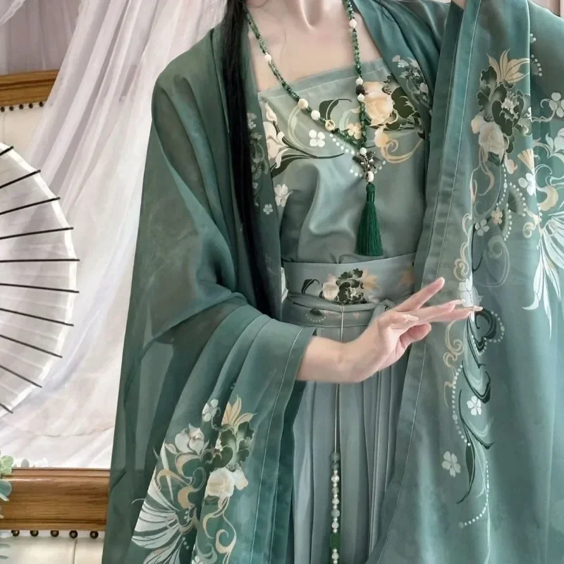 Hanfu Dress Women Chinese Traditional Vintage Song Dynasty Hanfu Dress Female Cosplay Costume Print Green 3pcs Sets Plus Size XL