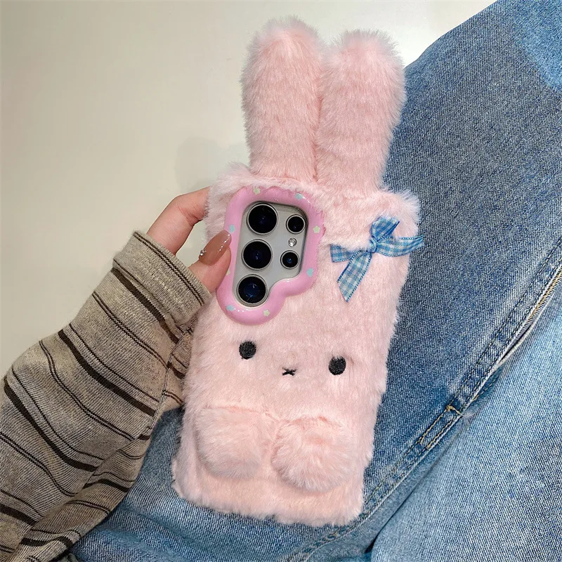 Koren 3D Cartoon Bowknot Rabbit Ears Warm Furry Plush Phone Case For Samsung Galaxy S23 24 25 26 Ultra Plus A57 Shockproof Cover view 3