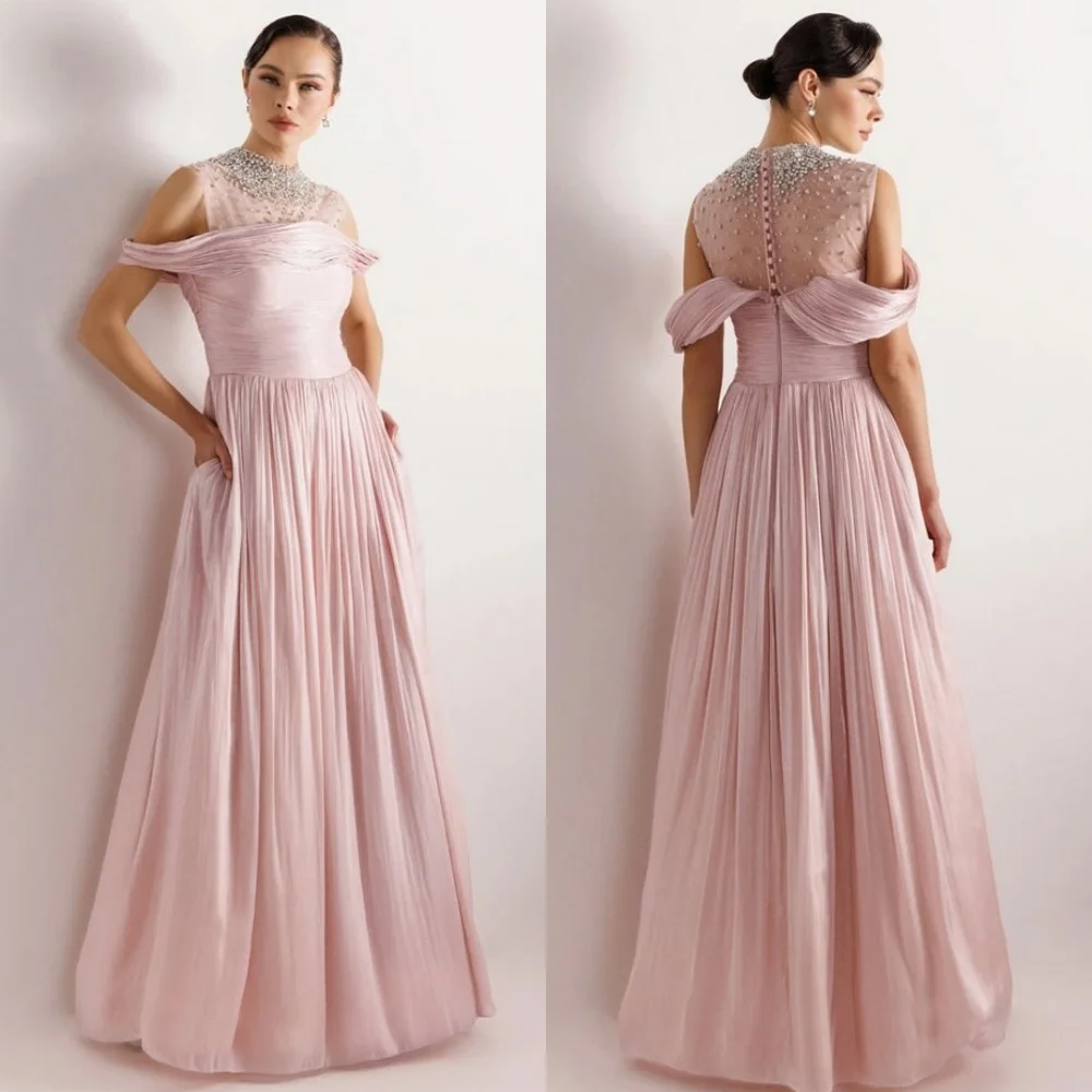 تخصيص مطابقة الأزياء الشيفون حجر الراين فساتين طويلة زر مستقيم الياقة العالية فساتين السهرة الطويلة معقدة