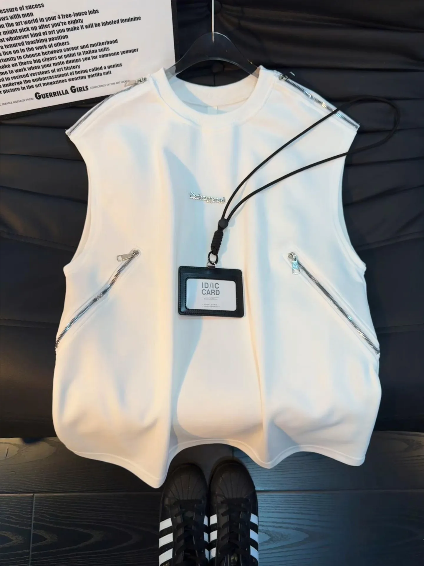 White Metal Zipper Deconstructed Vest Men's Summer Cleanfit Heavyweight Sleeveless T-Shirt Breathable Shoulder Pad Casual Style