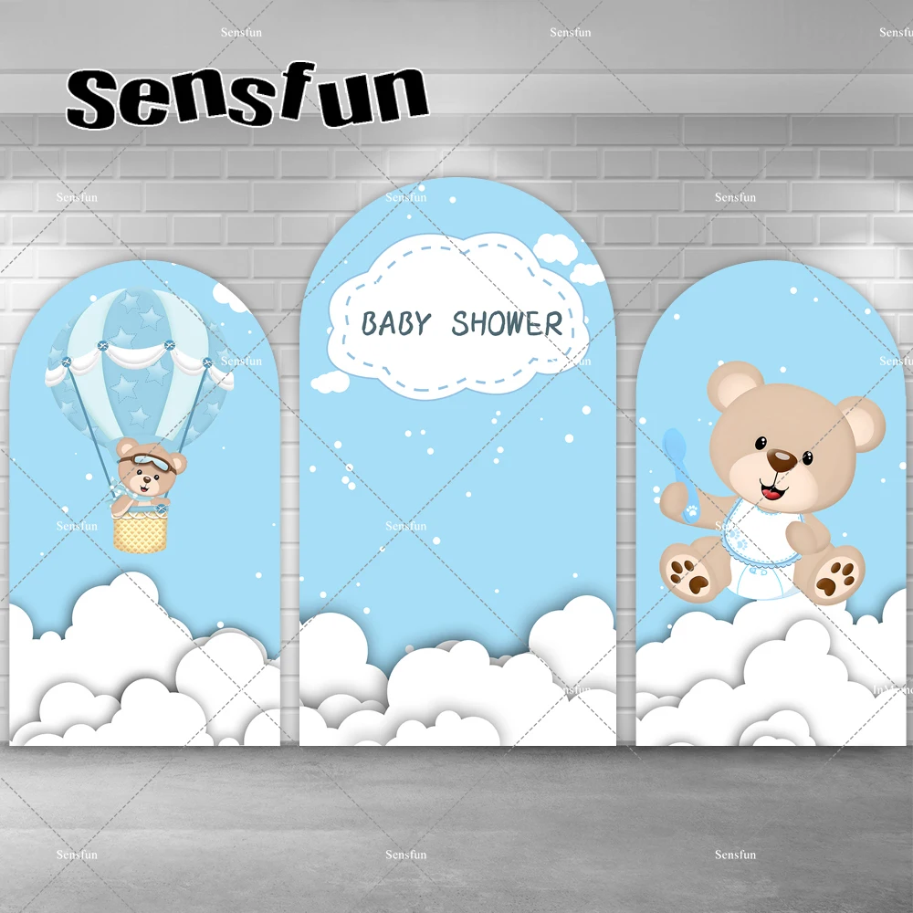 

Oh Baby Bear Hot Air Balloon Arch Backdrop Cover Boys Newborn Baby Shower 1st Birthday Party Background Clouds Blue Sky Banner