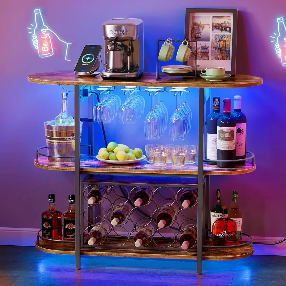 Armários de bar para casa, barra de café LED com tomadas de energia, mini bar doméstico para licor, rack de vinho independente com suporte de vidro