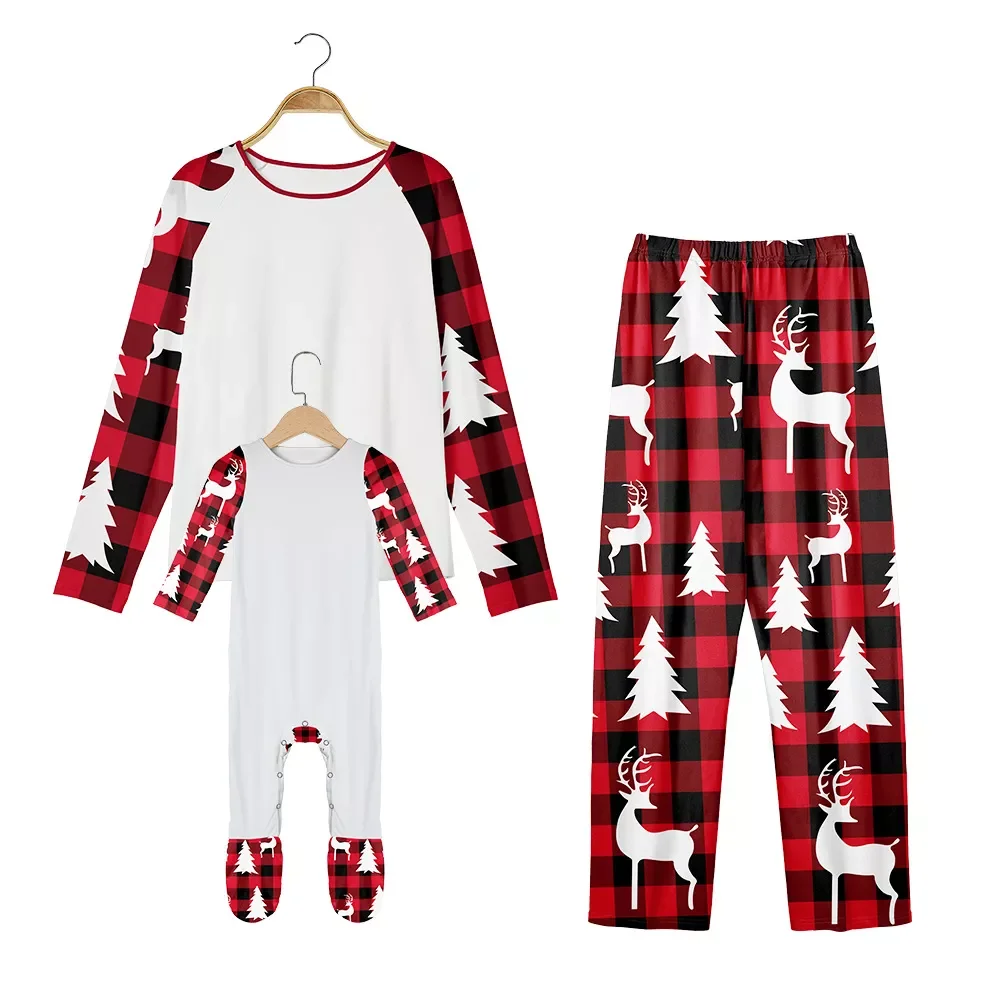 Sublimation Blank Polyester Christmas Family Plaid Long Sleeve Clothes Sleepwear Matching Outfits Pajamas Set for Customized