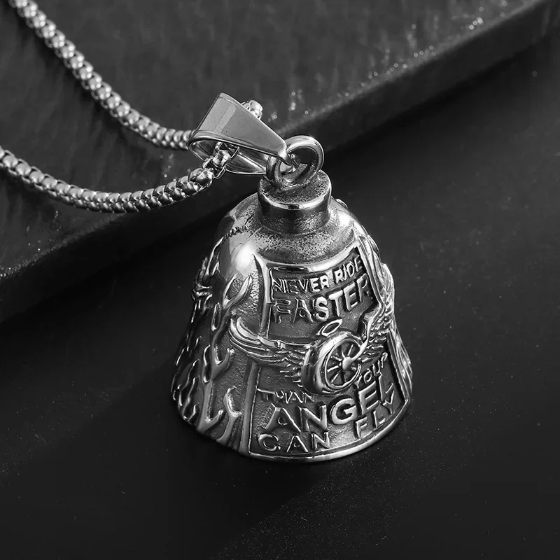 Fashion Angel Wings Letter Bell Pendant Necklace for Men Punk Motorcycle Riding Rock Exorcism Jewelry