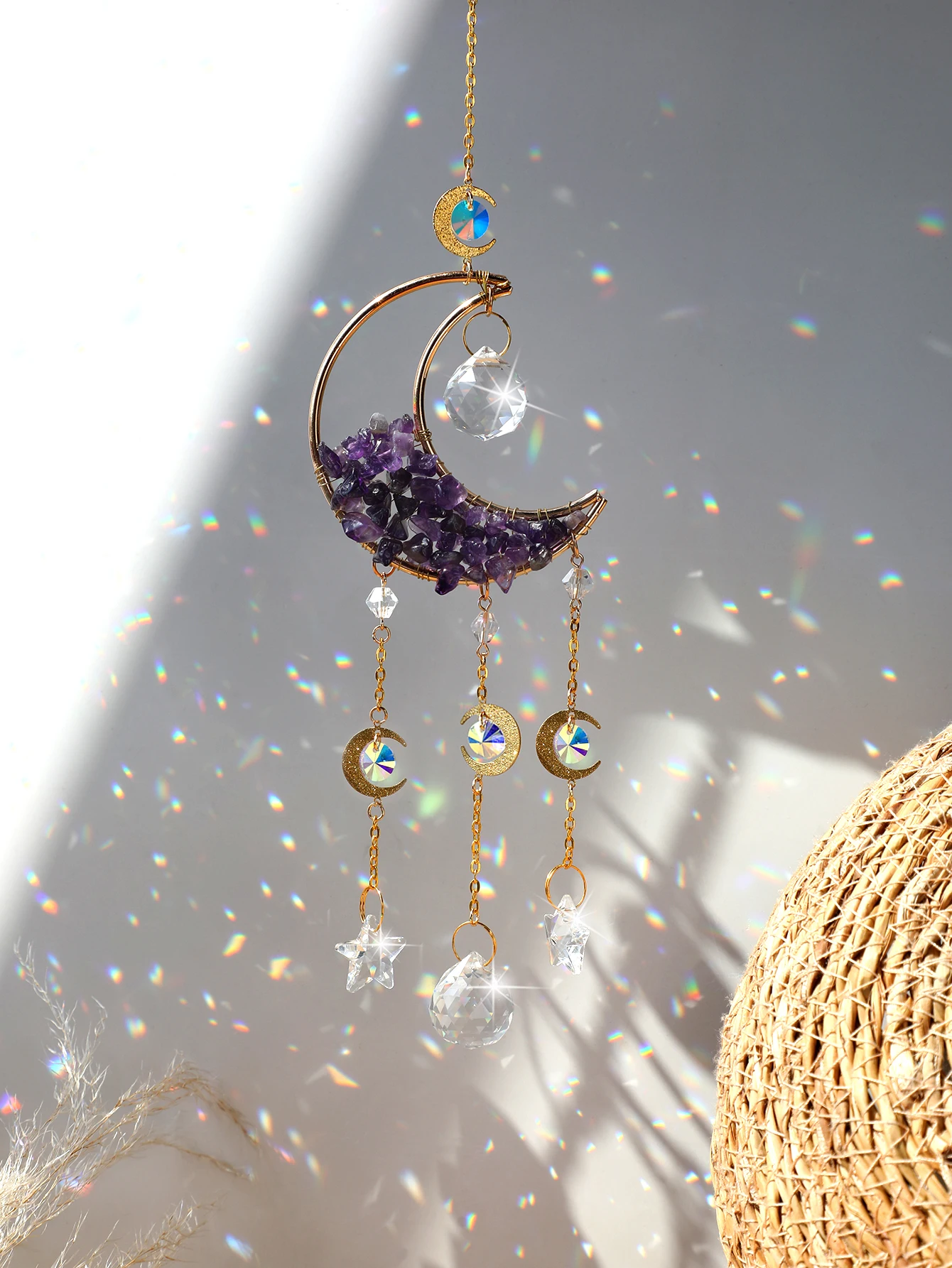 Natural Moon Crystal Suncatcher Ornament With Colorful Prism Pendant For Garden Patio Porch Balcony Window Home Decoration Gift