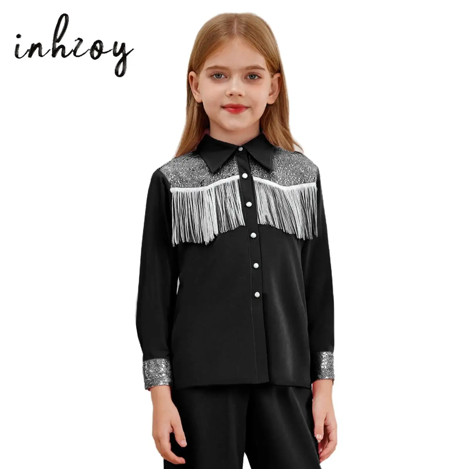 

Girls Steampunk Western Cowgirl Shirt Tops Lapel Long Sleeves Button-down Sequins Fringe T-Shirt for Halloween Dress Up Costume