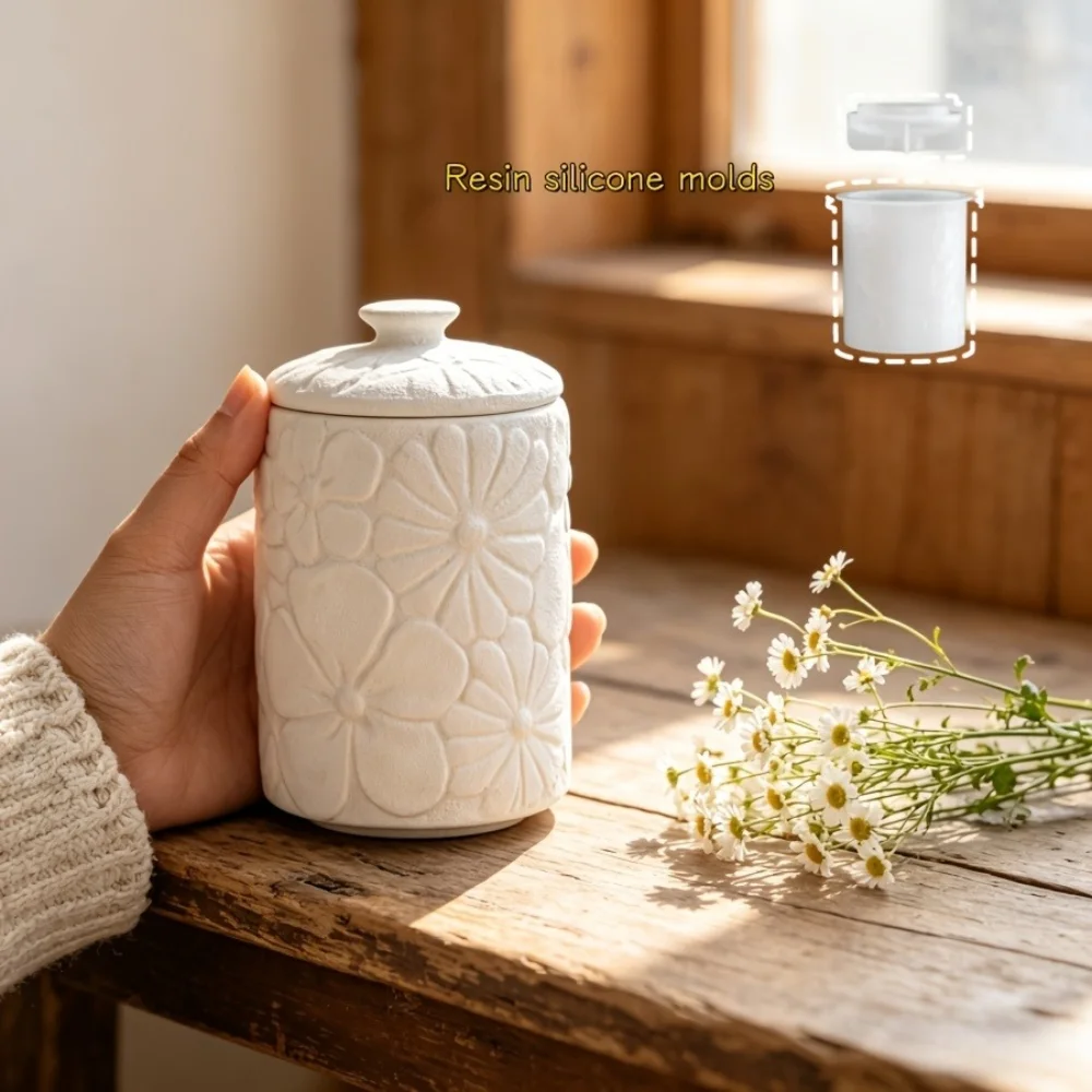 Embossed Flower Cylinder Storage Box Silicone Mold, DIY Mold for Candle Cup Resin Gypsum Jar Ornament