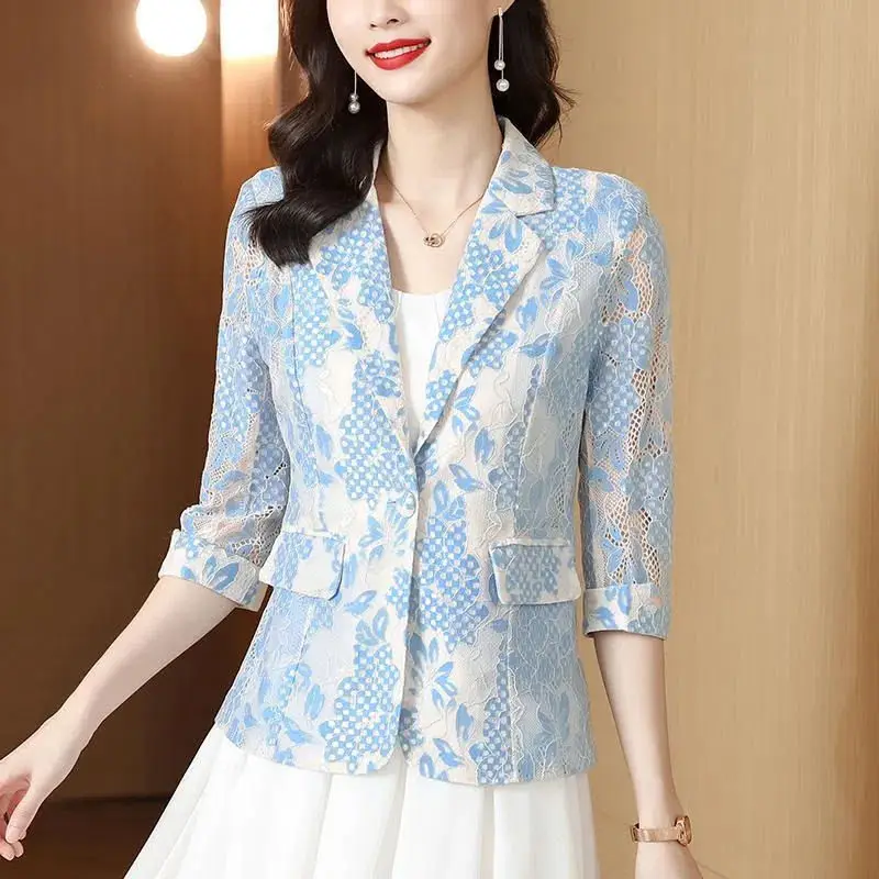 2023 New Spring and Summer Fashion Commuting Simple Temperament Lace Hollow Out Jacquard Casual Versatile Women\'s Suit Blazer