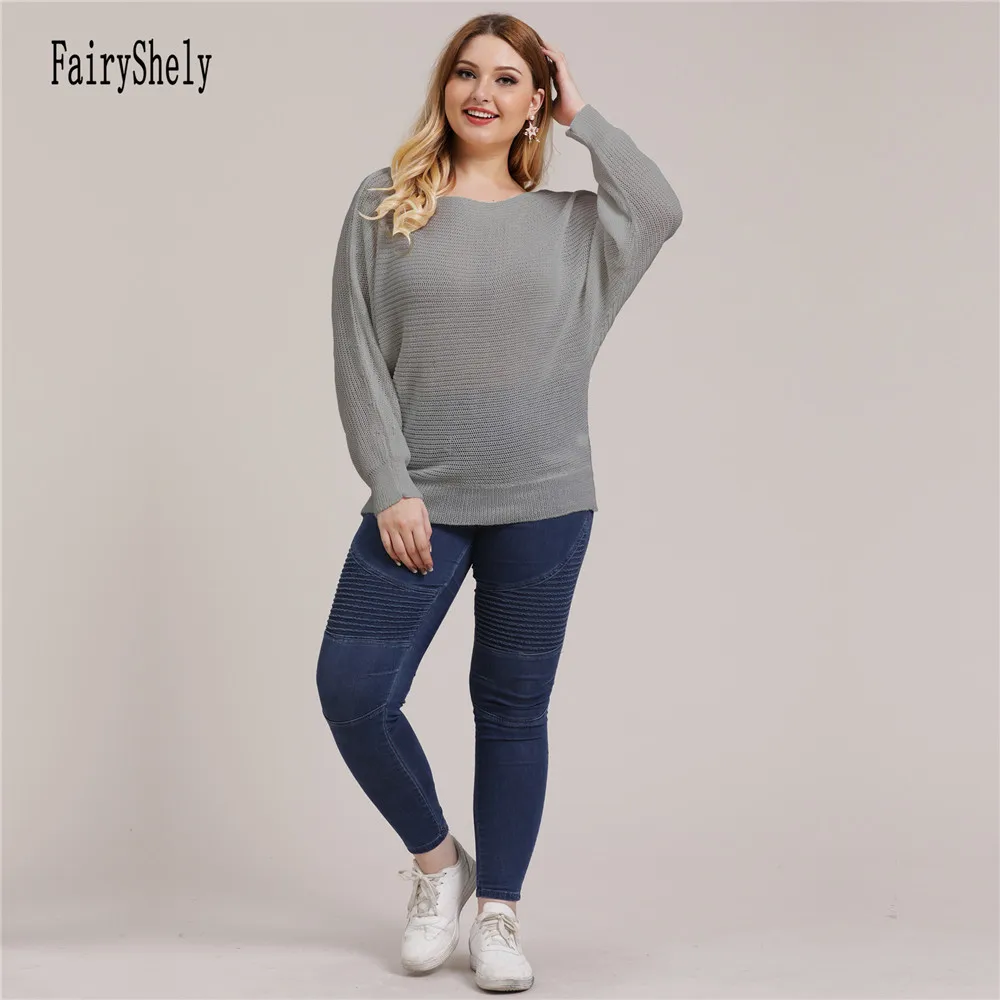 2024 Winter Batwing Sleeve Plus Size Sweater Women Grey Large Pullover Ladies Loose Oversize Jumper Big Jerseys Curvy Knitwear