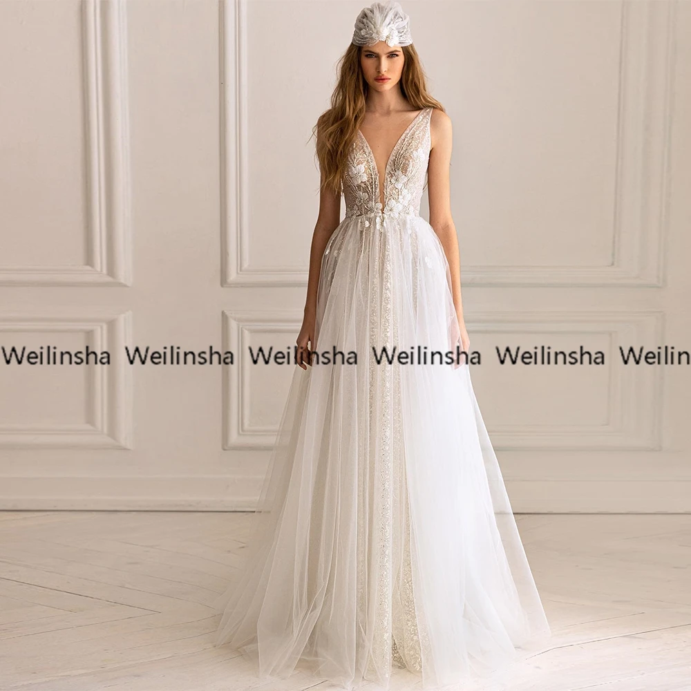 

Cap Sleeve Soft Tulle Ivory Robe De Mariée Fashion V Neck Lace Applique Women Dress 2022 New SleevelessWedding Dresses Button