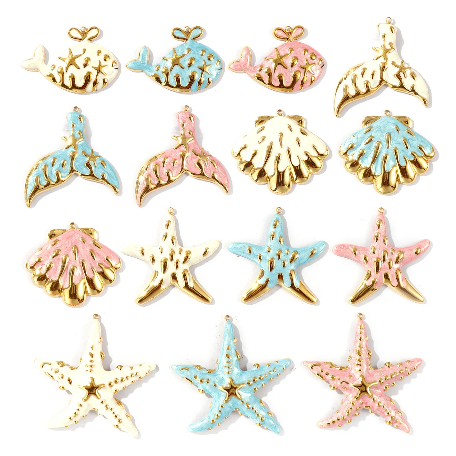 1pc Stainless Steel Charms 18K Gold Plated Shell Starfish Whale Animal Multicolor Enamel Pearlized Pendant DIY Necklace Jewelry