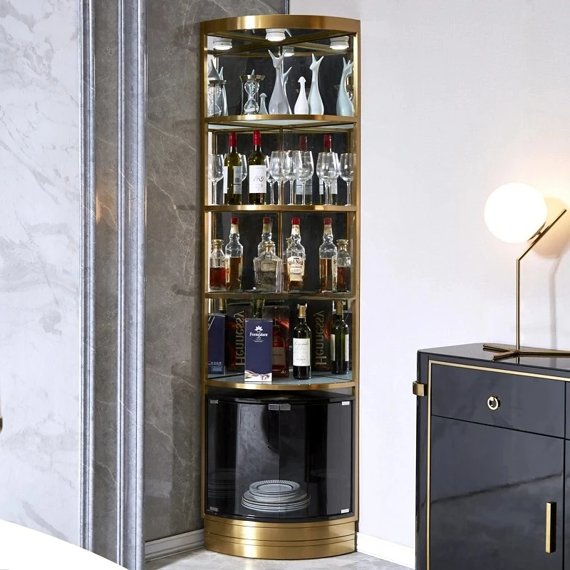Light luxury stainless steel wine cabinet Household living room corner cabinet Glass triangle cabinet
