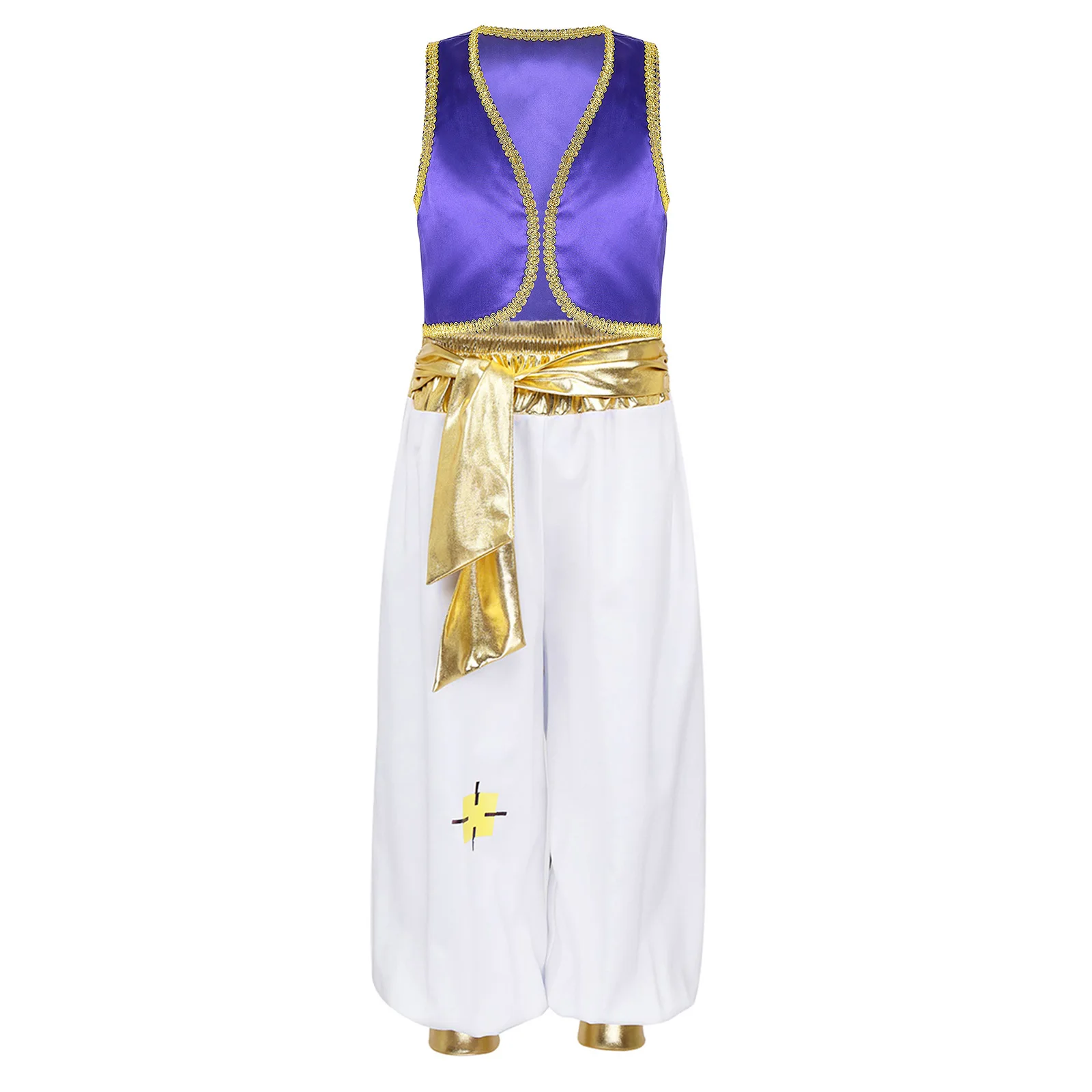 Costume di Halloween per ragazzo per bambini Principe mitico Aladin Carnevale Carnevale Cosplay Party Outfit Gilet con finiture in paillettes con pantaloni con cintura