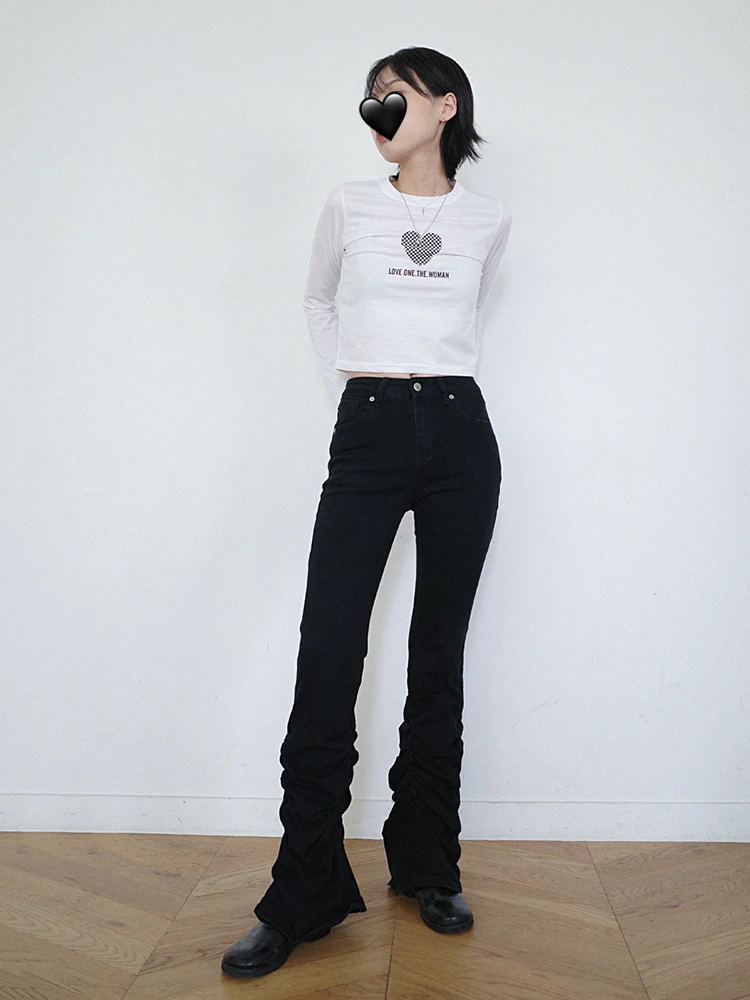 REDDACHiC الجرونج النساء Shirred Bootcut الدنيم السراويل عادي أسود عالية الخصر تمتد ضيق مضيئة الجينز الرجعية Y2k كوريا جرس قيعان