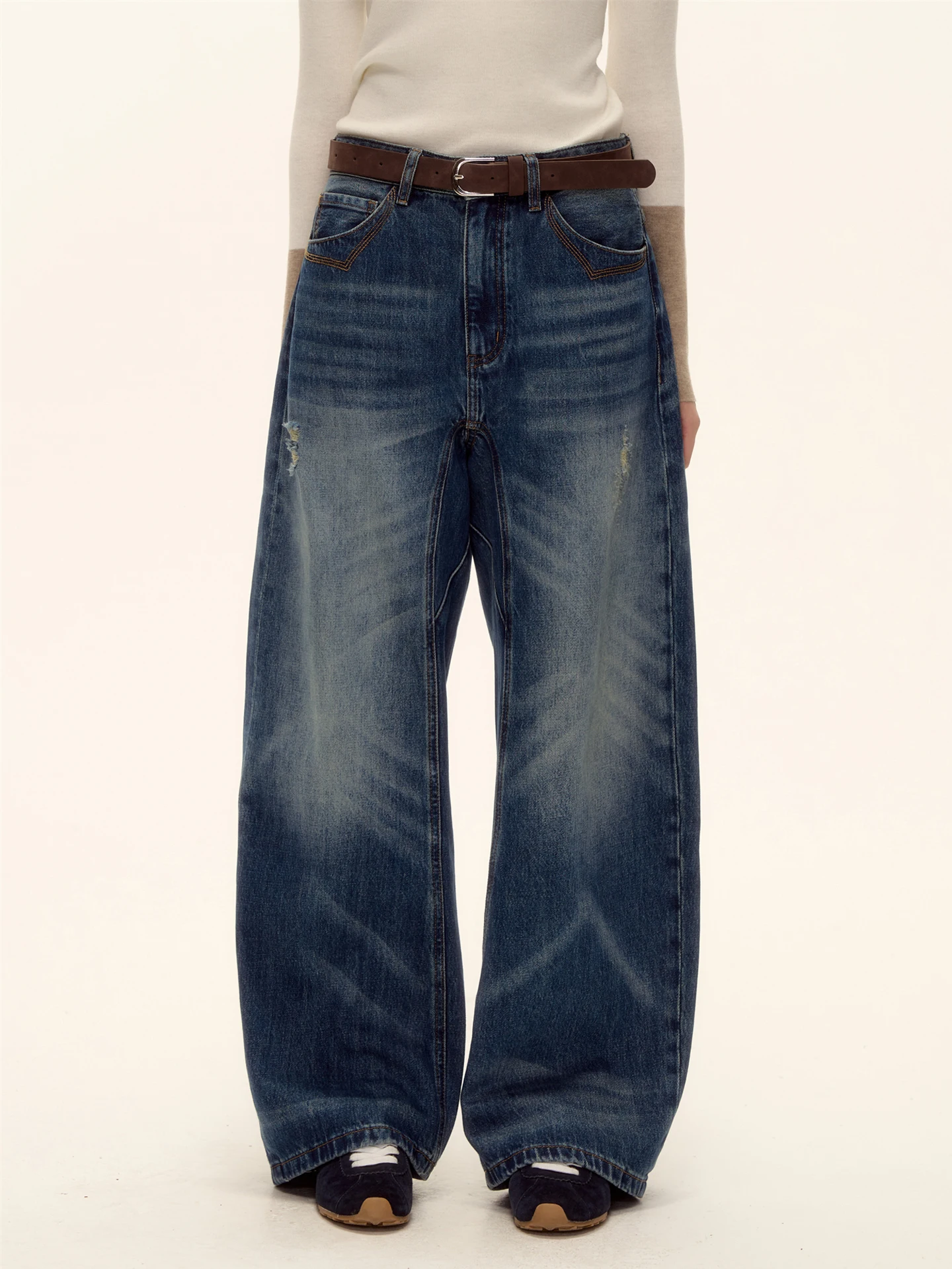 

Джинсы AsGony в американском ретро-стиле, с высокой талией, широкими штанинами, с эффектом потертости и прорезями, хлопковые, повседневные, прямого кроя