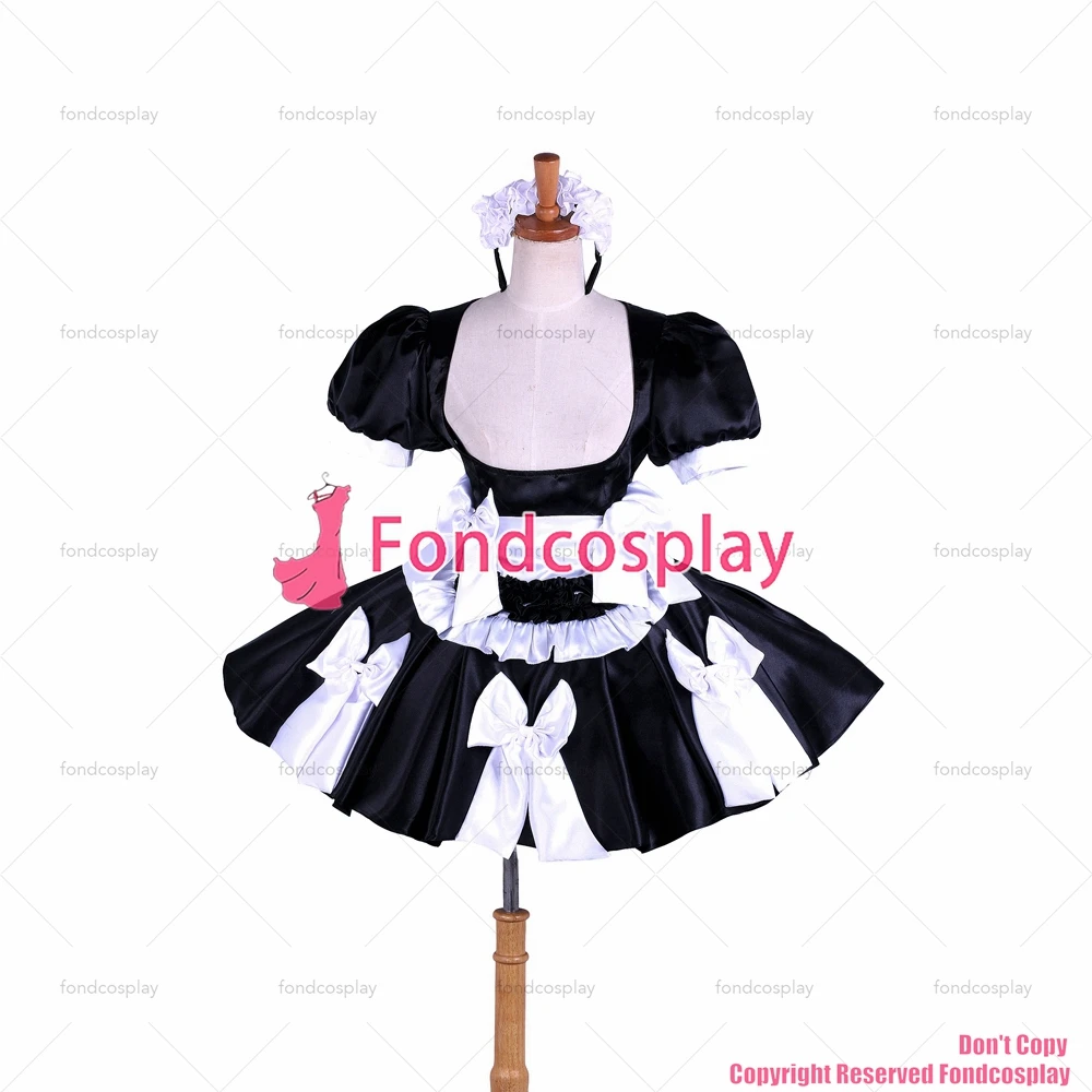 Fondcosplay adulto sexy cross dressing sissy maid nude petto bloccabile abito in raso nero uniforme grembiule CD/TV[G1619]