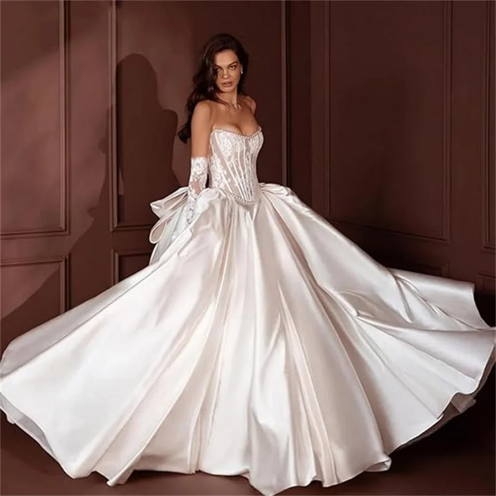 

Customized Women's Elegant Satin Laces Appliques Wedding Dresses For Bride A Line Princess Beach Bohe Long Bridal Gowns With Bow