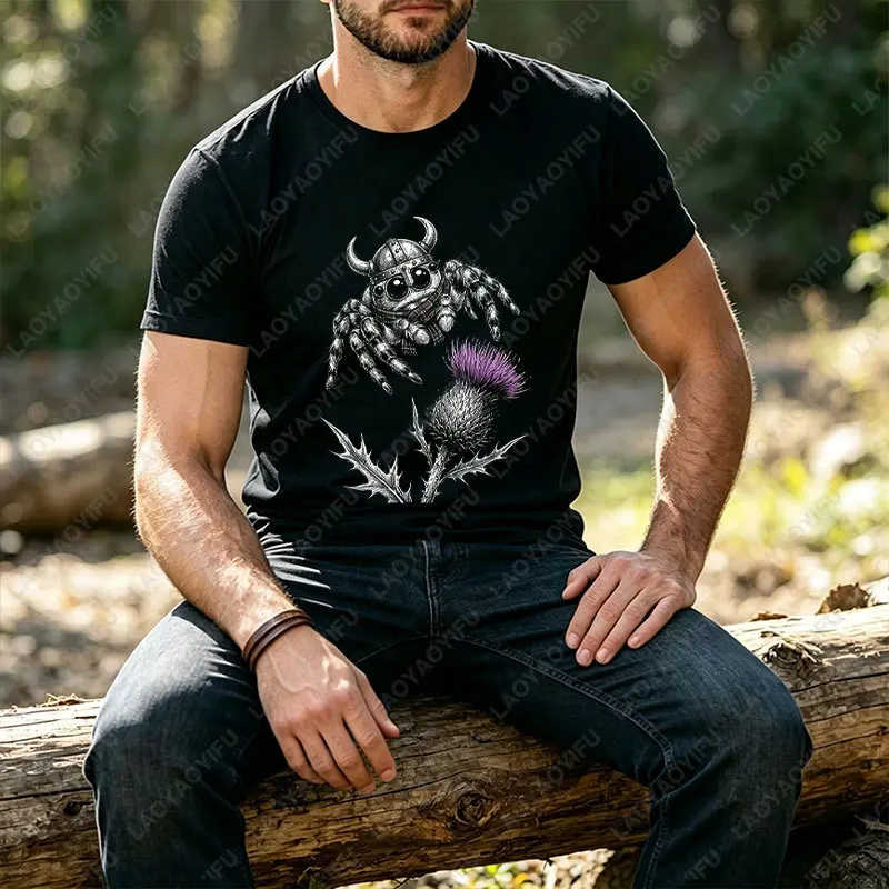 Viking Jumping Spider with Scottish Thistle Art Graphic T-shirt Modal Short Sleeve Casual Outdoor Streetwear with Spider. Print