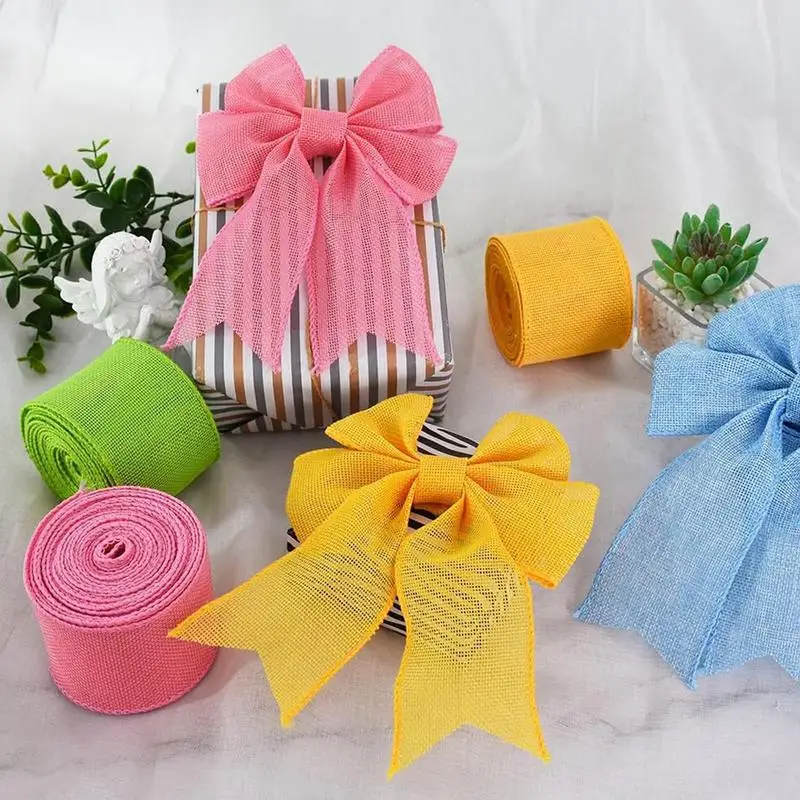 Colorful Easter Wired Ribbon 4 Rolls Solid Decorative Farmhouse Ribbon Wrapping Wreath Bow Decor Wire Edge Ribbon For Packages