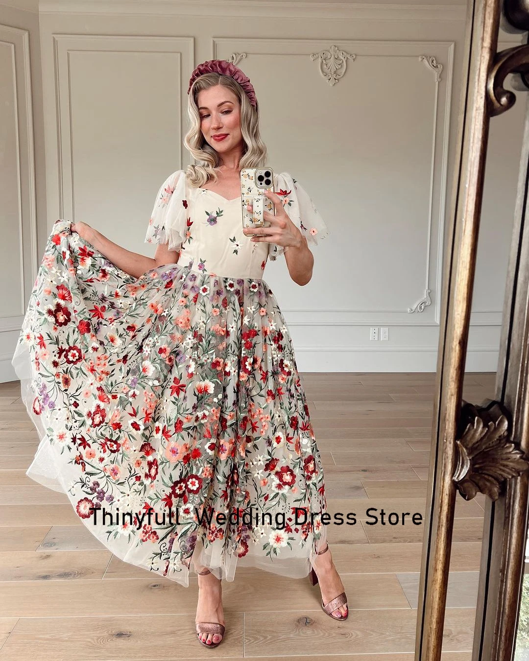 Thinyfull A-line Floral Prom Dress Short Sleeve Tea-Length Evening Party Gown 2023 Tulle Formal Event Dress Vestidos De Noche