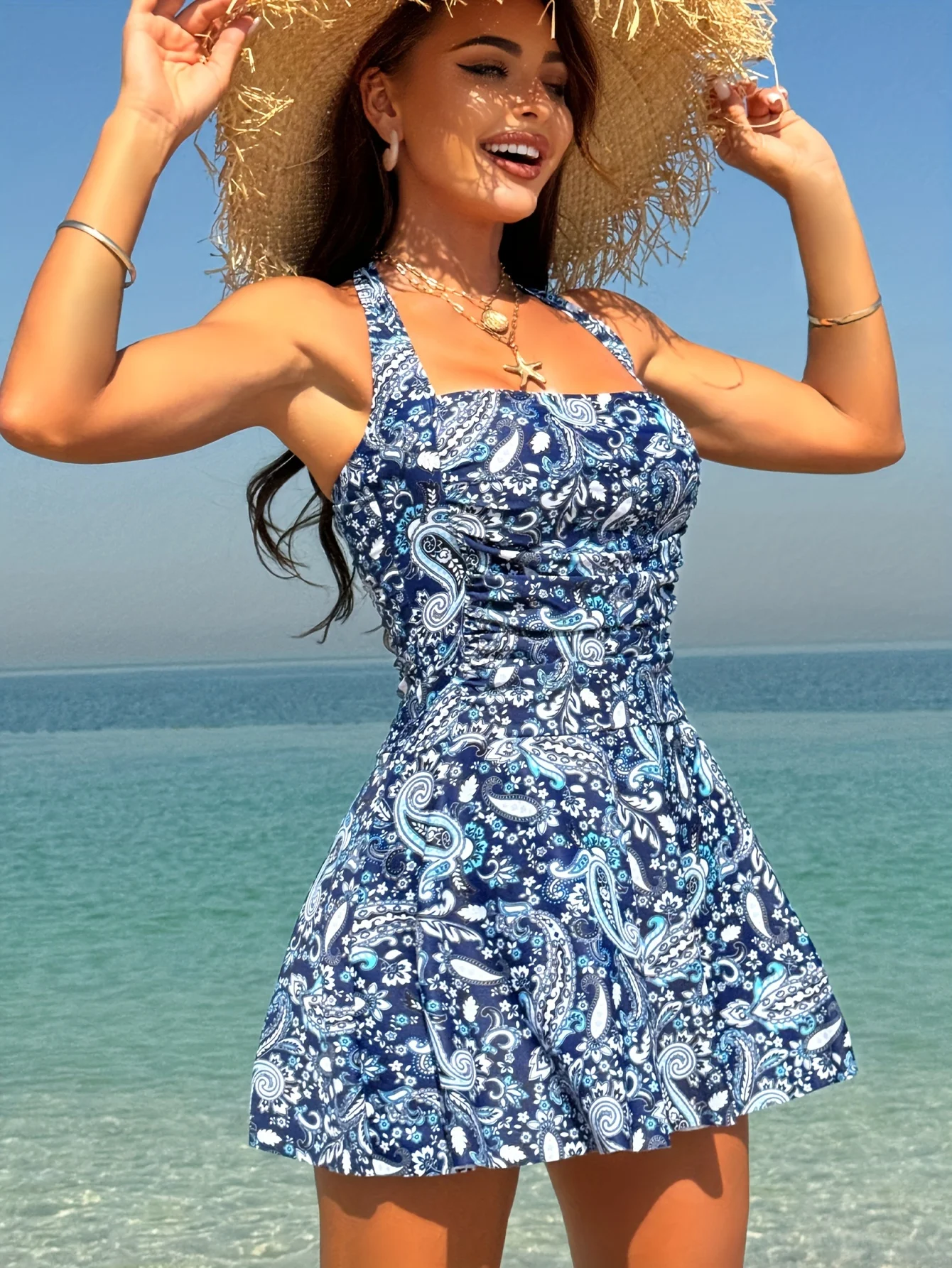 Ethnic Paisley One-Piece Top, Side Ruffle Design, Draped Pleated Hem Lotus Leaf Edge, Matching Navy Triangle Briefs