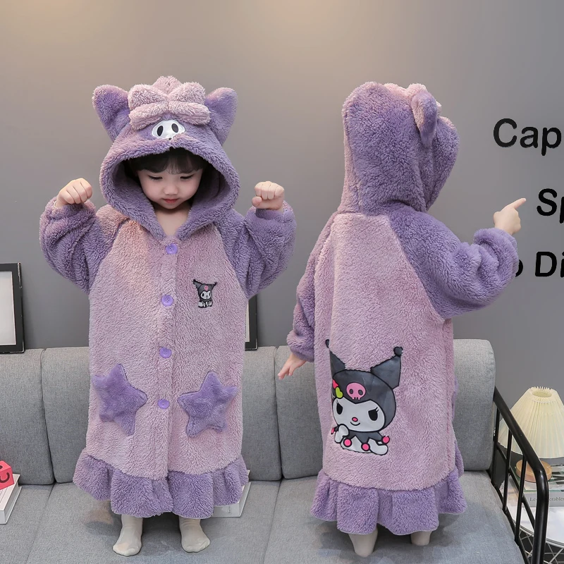 Kawaii Melody Kuromi Cinnamoroll Children's Pajamas Robe Flannel Bathrobe Nightgown Anime Sanrioes Girls Soft Plushie Sleepwear