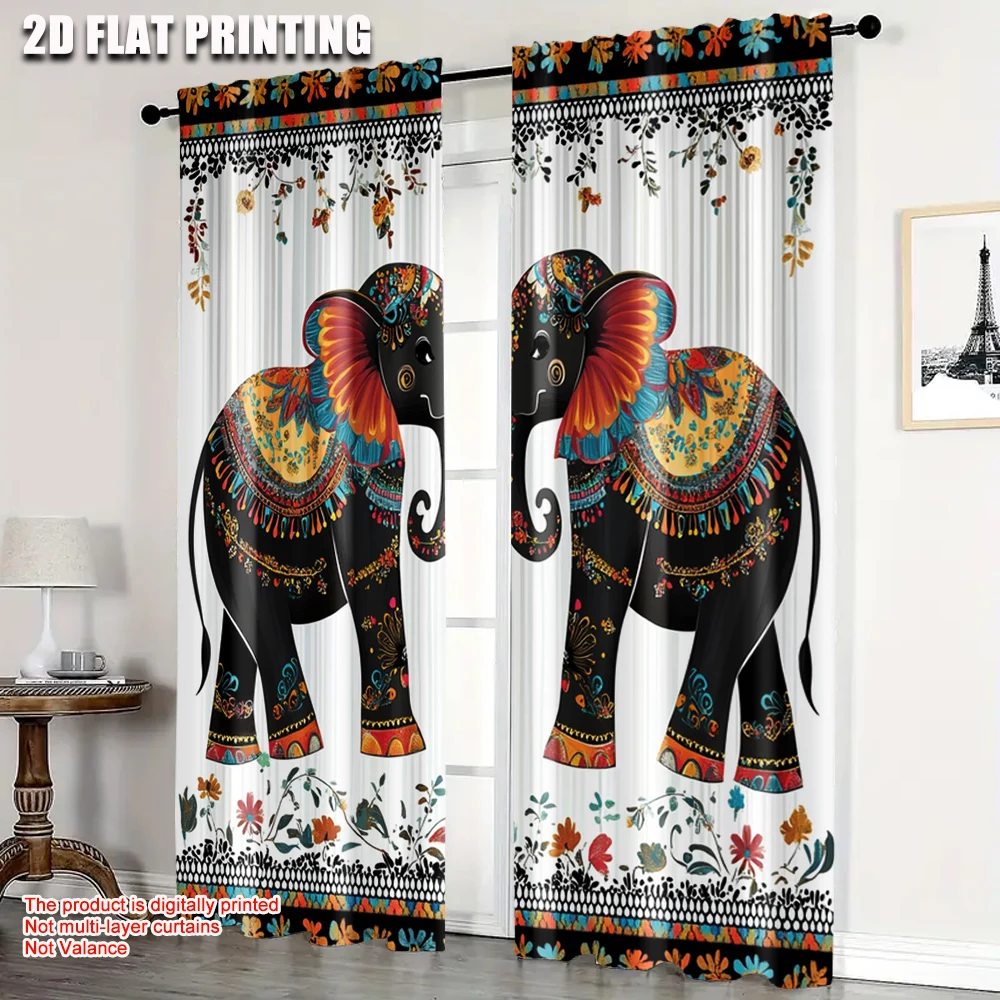 

2pcs, Curtains&Drapes 2D print Two Elephant1 Versatile Polyester Fabric (without rod) Stuff Clearance Use for Living Room &