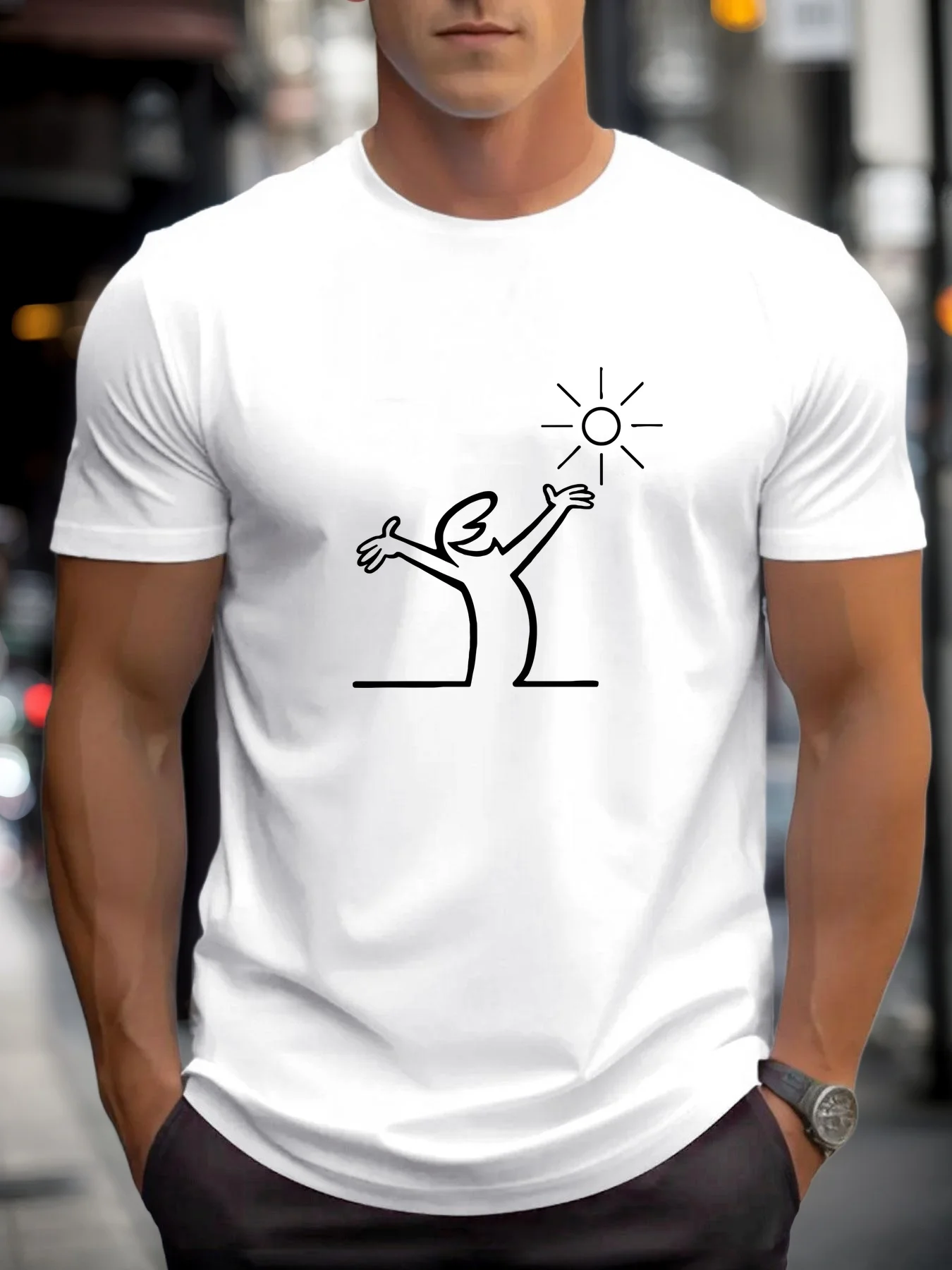 100% Cotton Men's Casual Loose T-Shirt Breathable Fashionable Figure Welcoming Yang Pattern Printed Short-Sleeved Round Neck Top