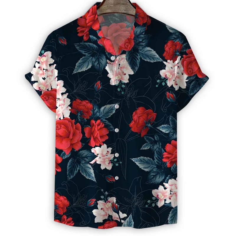 Flower 3d Print Hawaiian Shirt Men Summer Vacation Floral Short Sleeves Oversized Tees Cool Street Button Lapel Blouse Tops