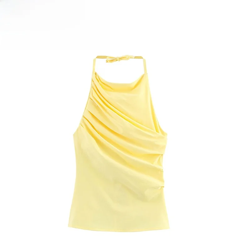 

ZBZA Spring New Women's Faion Pleated Elastic Top Sli Polyester Fiber Vest Strap Mid-Length Svel Color